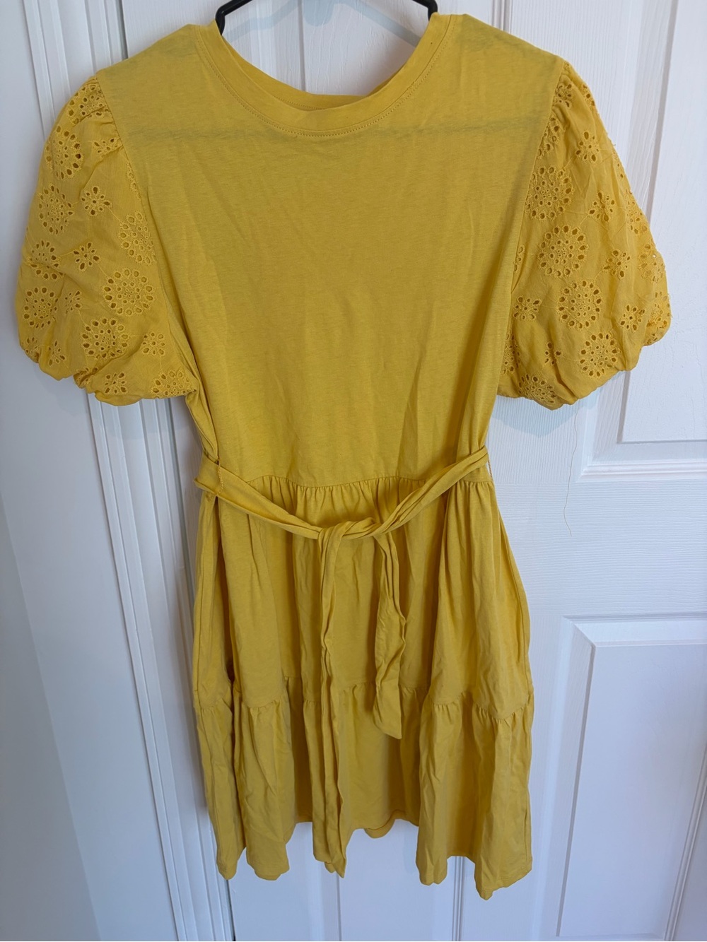 George Yellow Eyelet Puff-Sleeve Midi Dress with Waist Tie